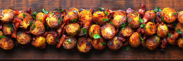 Wall Mural - Caramelised Brussels sprouts with fried bacon and fried potatoes. AI generative.