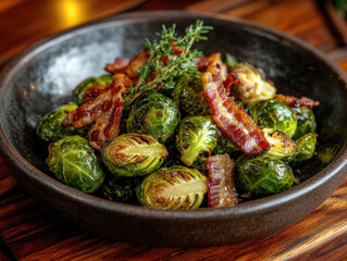 Wall Mural - Caramelised Brussels sprouts with fried bacon and fried potatoes. AI generative.