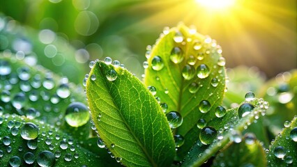 Close-up of fresh green leaves covered in dew drops, reflecting soft morning light