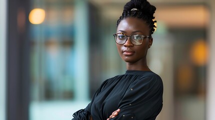 Confident African businesswoman against a bright office background, conveying professionalism and confidence with a portrait shot