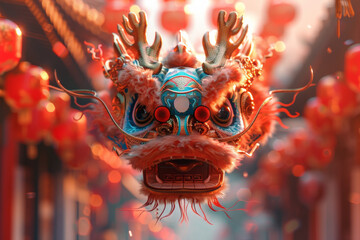 Amid Chinatown's energy, captivating dragon dance enchants spectators with graceful movements and vibrant colors against backdrop of bustling crowds, festive decorations.