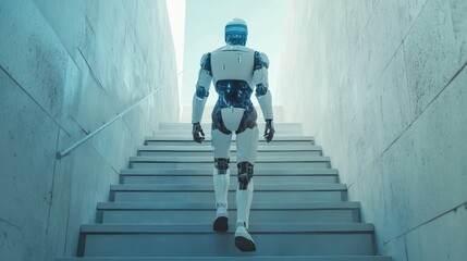 robot or cyborg with AI goes up futuristic stairs in full growth. AI or artificial intelligence learning concept. AI Future technology