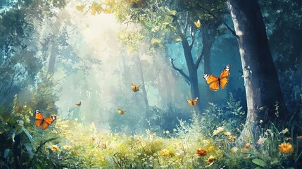 Mystic landscape of a forest clearing with colorful wildflowers and butterflies at dusk. Generative AI