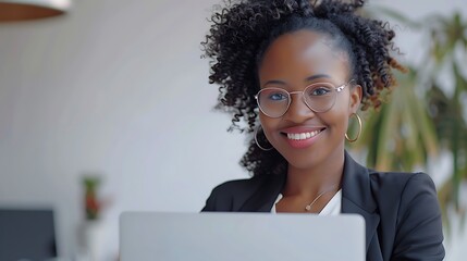 Wall Mural - Businesswoman with Laptop Smiling in Office, White Wall Background, Portrait Shot, Laptop, Smiling