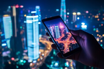 Wall Mural - Person engaging with smartphone in a modern urban environment, space for text on left side