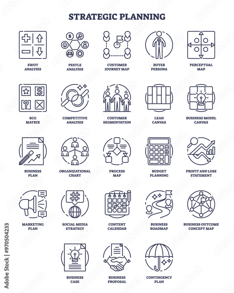 Strategic planning and business research management outline icons ...