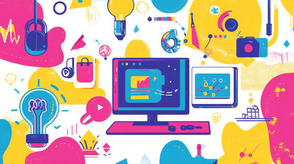 Wall Mural - a colorful design for kids learning about technology. it shows fun ways to learn about stem careers 