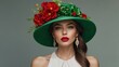 © Maryna Andriianova - Beautiful caucasian woman wearing a green hat with red roses posing in studio