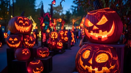 Wall Mural - Spooky pumpkin carving event with detailed jack-o-lantern designs, festival decorations, eerie lighting creating a festive atmosphere