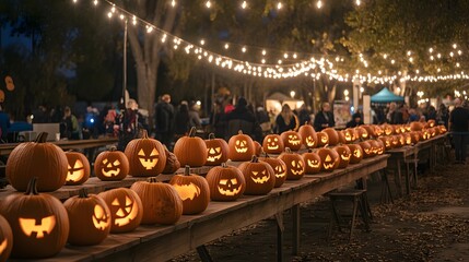 Wall Mural - Carving pumpkins at a spooky outdoor festival, jack-o-lanterns lined up on tables, festive yet eerie atmosphere