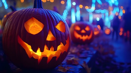 Wall Mural - Close-up of spooky pumpkin carvings at a Halloween fair, jack-o-lanterns glowing in the dark, festive yet eerie setting