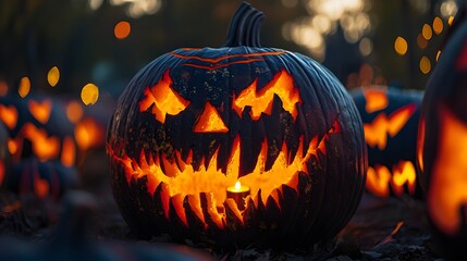 Wall Mural - Close-up of spooky pumpkin carvings at a Halloween fair, jack-o-lanterns glowing in the dark, festive yet eerie setting