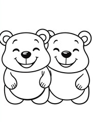 
 A cute cartoon of two smiling bears, a simple line art coloring page for kids with crisp lines and a white background