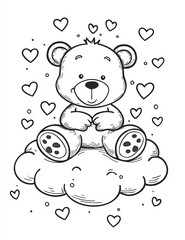  A cute teddy bear sitting on a cloud, surrounded by hearts. This is a coloring page for kids, with crisp lines and a white background