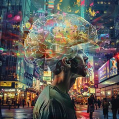 Poster - A man with a brain in his head and colorful lights. AI.