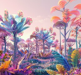 Wall Mural - A colorful painting of a forest with many different plants. AI.