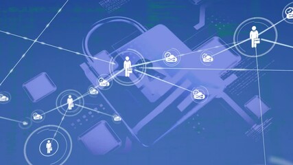 Poster - Animation of network of connections with people icons over padlock and data processing