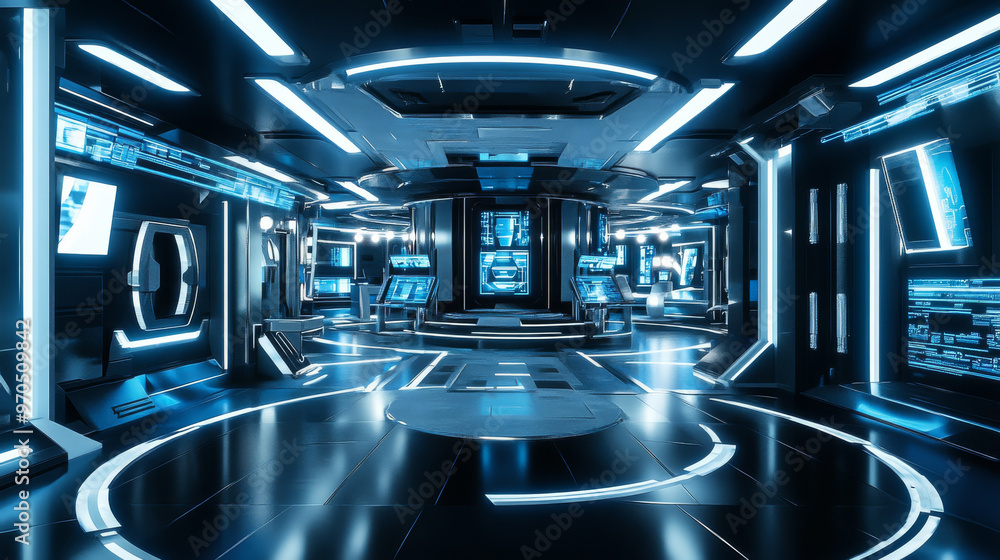 A futuristic architecture studio with bright LED lights and cube-shaped ...