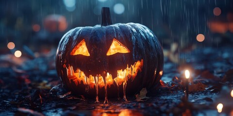 Poster - Disfigured jack-o'-lantern dripping shadows flickering 