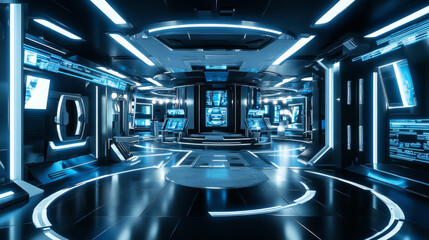 a futuristic architecture studio with bright led lights and cube-shaped walls. the scene is a comple