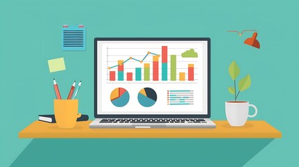 Colorful illustration of business charts and a laptop on a desk, emphasizing business planning and strategy with a portrait shot