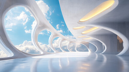 A futuristic building interior with a wide, panoramic view of the sky and clouds. The empty space is designed with a modern, abstract style, like something you'd see in a virtual reality experience.