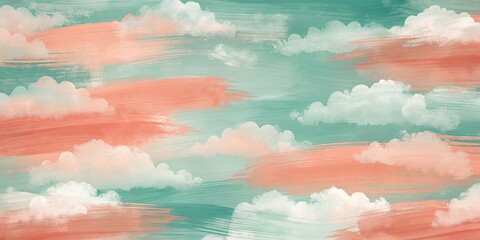 Wall Mural - smooth brush strokes in coral and sage with cloud patterns as background for a serene and calming ae