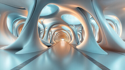 A futuristic hallway inside a building, shown in a 3D image that makes you feel like you're actually there. It's a full 360-degree view, with a modern, abstract design.