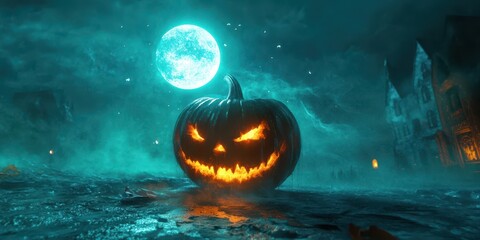 Poster - Floating pumpkin glowing moon swirling mist 