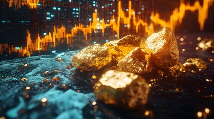 Captivating golden nuggets surrounded by a holographic data visualization display,representing the financial growth,market trends,and investment potential in the mining and precious metal industry.