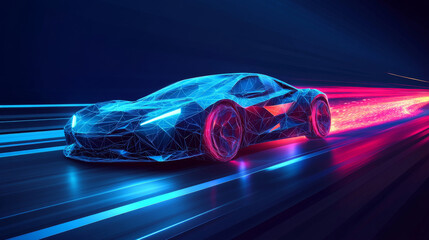 A futuristic, sleek electric sports car is speeding down a highway. The car is made of triangles, giving it a modern, digital look. It's shown against a dark blue background.low poly.