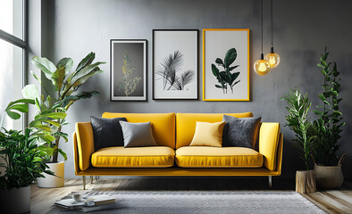 Scandinavian grey and yellow apartment interior. Living room in modern home. Posters with copy space on the wall. 