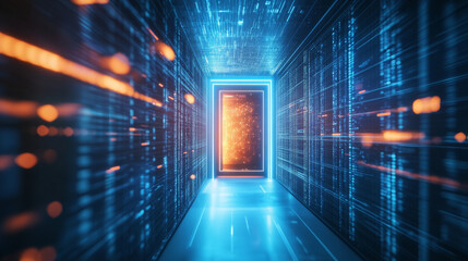 A glowing door stands in a tunnel filled with flashing lights from a digital data center. It represents a futuristic gateway to the virtual world, like a portal to the metaverse or cyberspace.