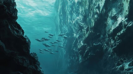 Canvas Print - Design a captivating scene of a school of fish swimming near an underwater cliff.