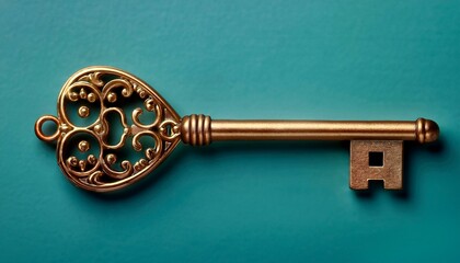 old key on a wooden background, key with heart, A vintage golden key with an ornate heart shaped bow on a minimal teal background. Real estate concept, golden key with red heart