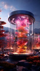 Aufkleber - A futuristic glass structure with a circular top and a spiral design, illuminated by a vibrant display of colors, stands amidst a serene garden setting with trees and flowers.