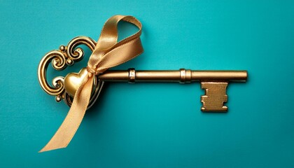 key in keyhole, key with heart, A vintage golden key with an ornate heart shaped bow on a minimal teal background. Real estate concept, golden key with red heart