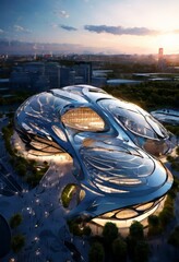 Aufkleber - a futuristic architectural structure with a curved, metallic exterior and a large, illuminated glass dome at its center, set against a backdrop of a city skyline and a sunset sky.