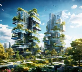Aufkleber - two towering, vertical structures with a unique, layered design that incorporates greenery, creating a striking contrast against the cityscape.