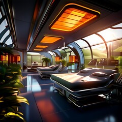 Aufkleber - a futuristic hospital interior with curved walls, large windows, and a futuristic bed design.
