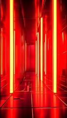 Leinwandbilder - A long, dimly lit corridor with a grid-like pattern of glowing red and yellow lights, creating a futuristic and abstract atmosphere.