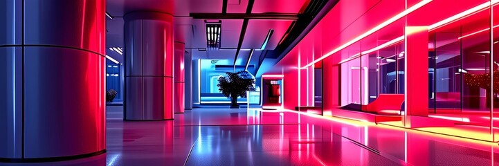 Poster - A futuristic lobby with a long, polished floor, curved columns, and a large window with a plant, illuminated by a mix of blue and red lights.