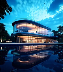 Aufkleber - A modern, curved glass building with a curved roof and large windows is reflected in a pool, set against a backdrop of a blue sky with clouds and birds.