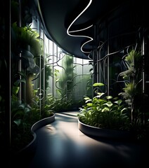 Poster - a serene indoor garden with a curved walkway, lush greenery, and a modern, curved ceiling with a light fixture.