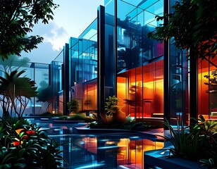 Aufkleber - a modern architectural structure with a series of glass and steel columns, surrounded by lush greenery and a tranquil water feature. The building's facade is illuminated by