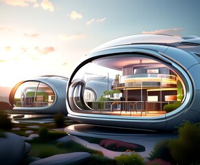 Fototapete - a futuristic architectural design with curved, transparent structures that blend seamlessly with the natural landscape. The buildings are situated on a hillside, with a clear
