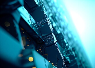 Fototapete - The image is a close-up of a modern, abstract building facade with a geometric design and a gradient of blue and green colors.
