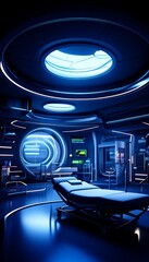 Poster - a futuristic hospital room with a circular window, blue lighting, and a large bed in the center.