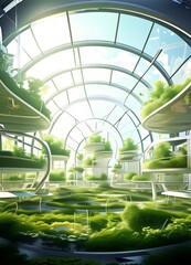Leinwandbilder - a futuristic greenhouse-like structure with a curved glass roof, filled with lush greenery and plants, creating a serene and tranquil atmosphere.
