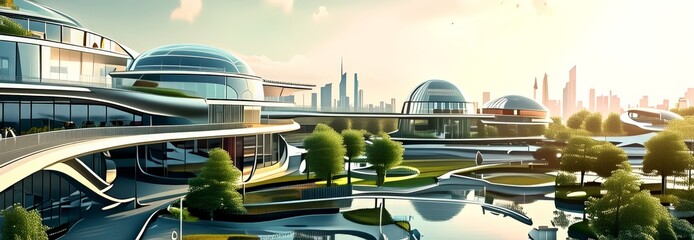 Aufkleber - The image presents a futuristic cityscape with a blend of architectural styles, featuring curved buildings, domed structures, and a serene body of water reflecting the